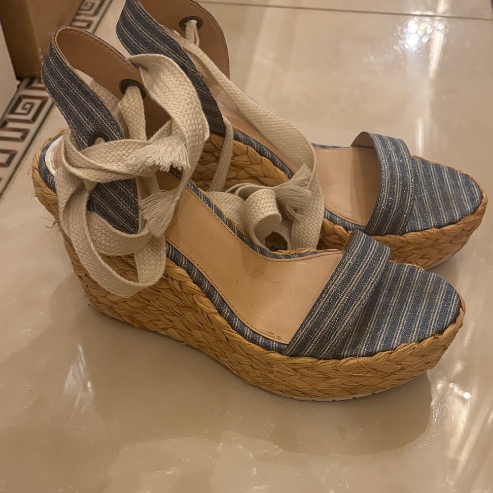 ZARA Women’s Blue Stripe Espadrille Wedge Sandals with Cream Ties